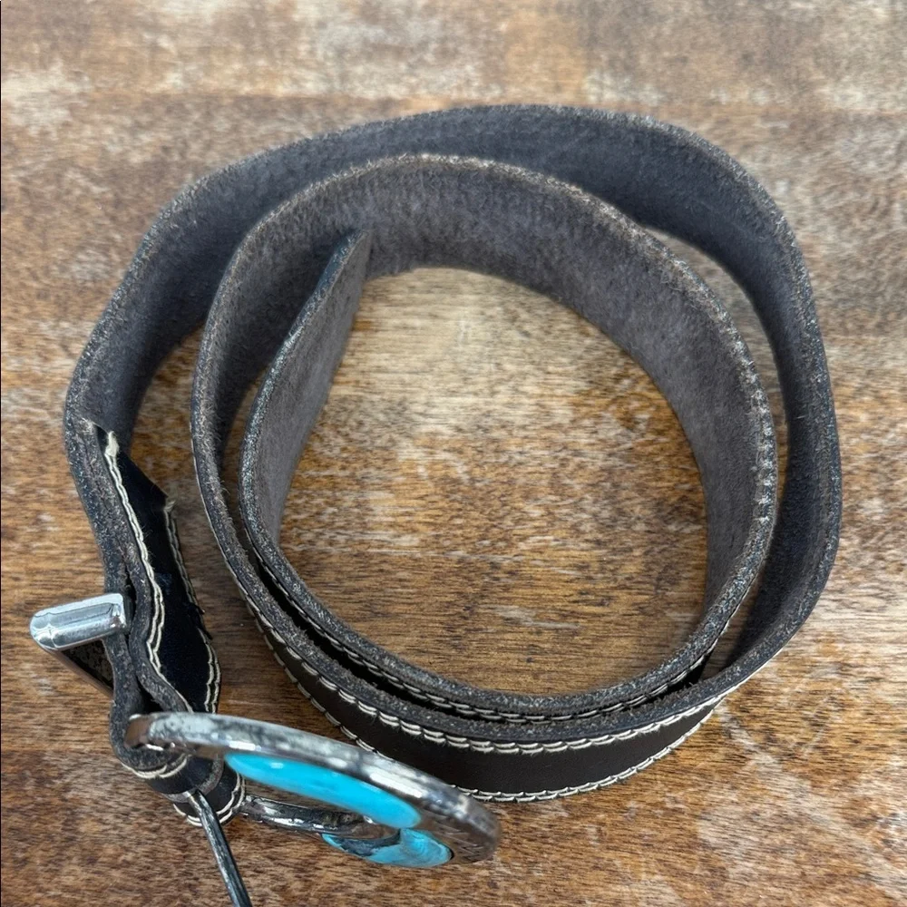 Liz Claiborne Belt Wm Black Leather Turquoise Silver Metal Vintage Boho Western